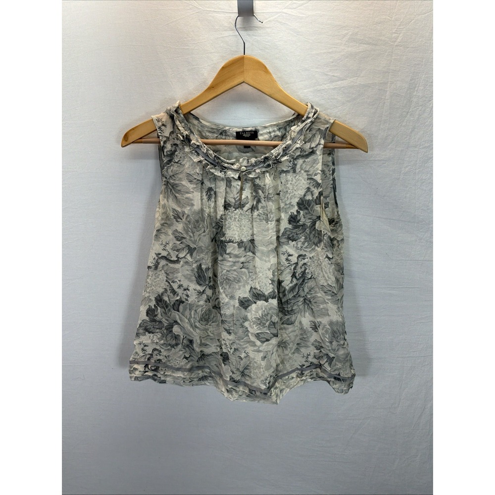 Talbots Sheer Floral Silk Blnd Sleeveless Blouse Ruffle Gray Woman Sz 12 Petite